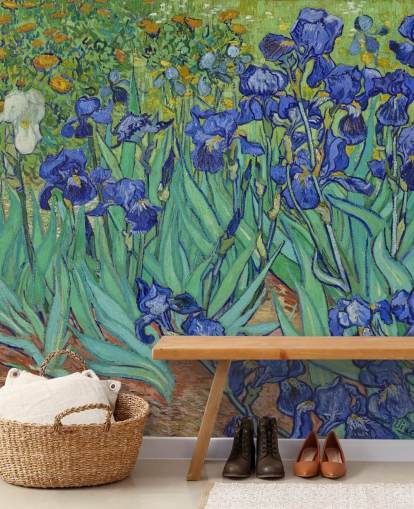 groene en paarse kunstmuurschildering genaamd Irissen van Van Gogh voor slaapkamers, woonkamers en badkamers groene en paarse kunstmuurschildering genaamd Irissen van Van Gogh voor slaapkamers, woonkamers en badkamers