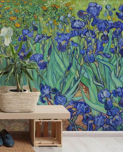 fresque murale d'art verte et violette appelée Irises de Van Gogh pour les chambres, les salons et les salles de bain