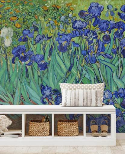 groene en paarse kunstmuurschildering genaamd Irissen van Van Gogh voor slaapkamers, woonkamers en badkamers groene en paarse kunstmuurschildering genaamd Irissen van Van Gogh voor slaapkamers, woonkamers en badkamers