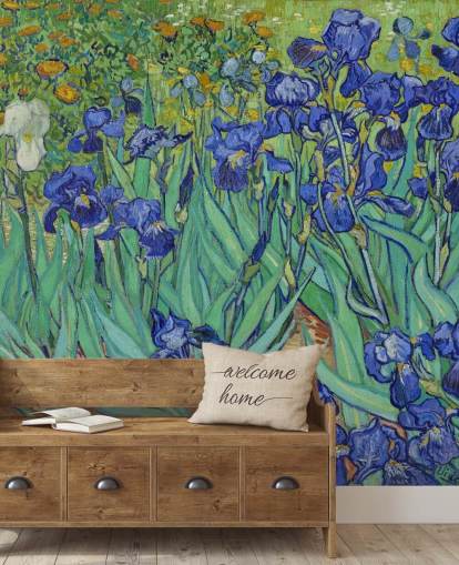 grön och lila konst väggmålning kallad Irises av Van Gogh för sovrum, vardagsrum och badrum