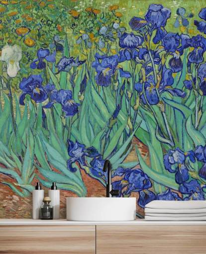 green and purple fine art wall mural called Irises by Van Gogh for bedrooms, living rooms and bathrooms
