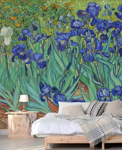 mural de pared de bellas artes verde y morado llamado Iris de Van Gogh para dormitorios, salas de estar y baños