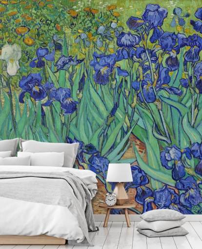 groene en paarse kunstmuurschildering genaamd Irissen van Van Gogh voor slaapkamers, woonkamers en badkamers
