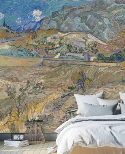 fine art wallpaper mural called Enclosed Field with Peasant by Vincent van Gogh