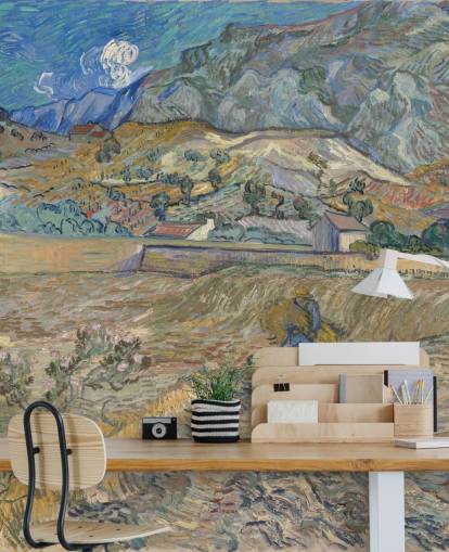 mural de papel pintado de bellas artes llamado Campo cerrado con campesino de Vincent van Gogh