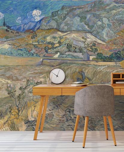 mural de papel pintado de bellas artes llamado Campo cerrado con campesino de Vincent van Gogh