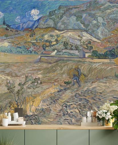 kunsttapet veggmaleri kalt Enclosed Field with Peasant av Vincent van Gogh