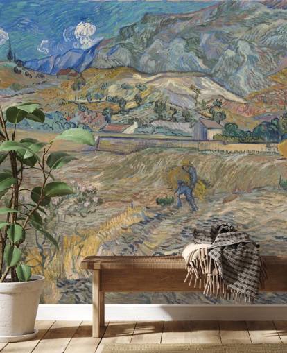 mural de papel de parede de belas artes chamado Campo fechado com camponês de Vincent van Gogh