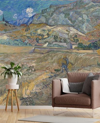 mural de papel de parede de belas artes chamado Campo fechado com camponês de Vincent van Gogh