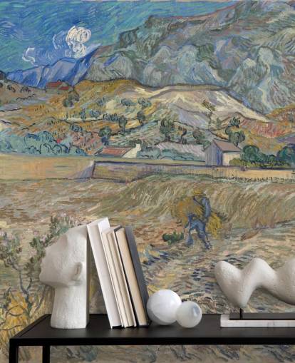 mural de papel pintado de bellas artes llamado Campo cerrado con campesino de Vincent van Gogh