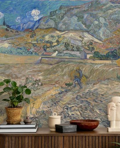fine art wallpaper mural called Enclosed Field with Peasant by Vincent van Gogh