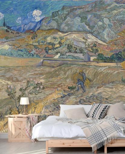 fine art wallpaper mural called Enclosed Field with Peasant by Vincent van Gogh