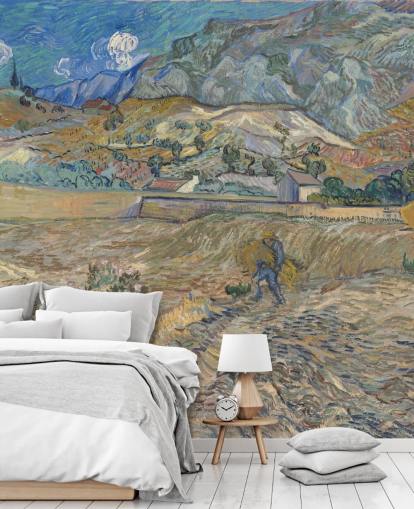 kunstbehang met de naam Enclosed Field with Peasant van Vincent van Gogh