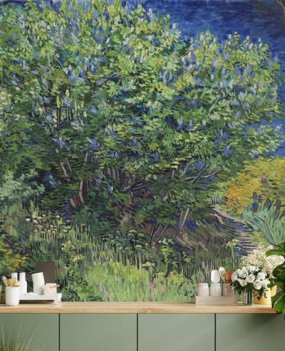 green and purple fine art wall mural called Lilac Bush by Van Gogh for bedrooms and living rooms