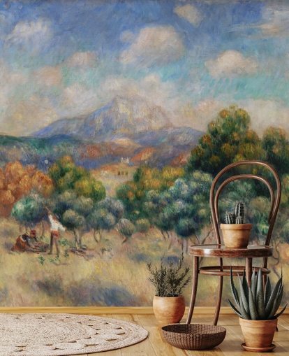 mural de papel pintado de bellas artes llamado Mont Sainte-Victoire de Pierre Auguste-Renoir para dormitorios, salas de estar y oficinas en casa