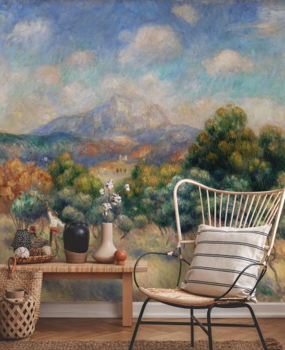 kunstbehangmuurschildering genaamd Mont Sainte-Victoire van Pierre Auguste-Renoir voor slaapkamers, woonkamers en kantoren aan huis kunstbehangmuurschildering genaamd Mont Sainte-Victoire van Pierre Auguste-Renoir voor slaapkamers, woonkamers en kantoren aan huis