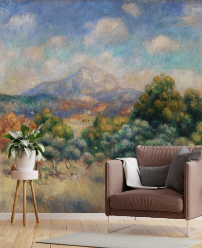 mural de papel pintado de bellas artes llamado Mont Sainte-Victoire de Pierre Auguste-Renoir para dormitorios, salas de estar y oficinas en casa