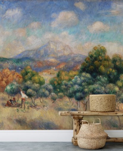 kunstbehangmuurschildering genaamd Mont Sainte-Victoire van Pierre Auguste-Renoir voor slaapkamers, woonkamers en kantoren aan huis kunstbehangmuurschildering genaamd Mont Sainte-Victoire van Pierre Auguste-Renoir voor slaapkamers, woonkamers en kantoren aan huis