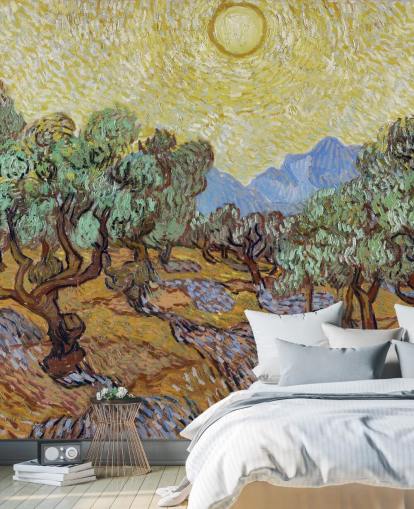 fine art wallpaper mural called Olive Trees by Vincent van Gogh for bedrooms, living rooms and dining rooms