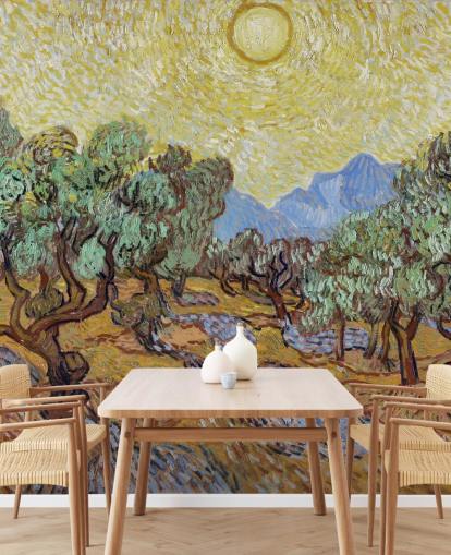 fine art behangmuurschildering genaamd Olive Trees van Vincent van Gogh voor slaapkamers, woonkamers en eetkamers