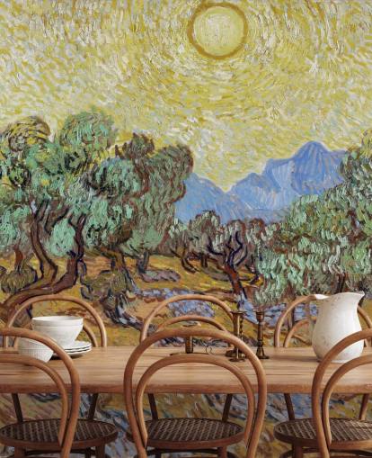mural de papel pintado de bellas artes llamado Olive Trees de Vincent van Gogh para dormitorios, salas de estar y comedores