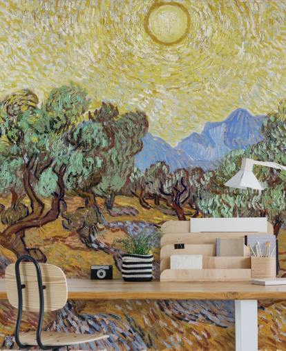 fine art wallpaper mural called Olive Trees by Vincent van Gogh for bedrooms, living rooms and dining rooms