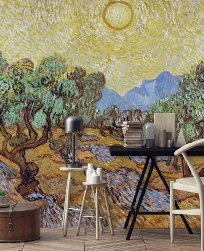 Kunsttapete mit dem Titel Olive Trees von Vincent van Gogh für Schlafzimmer, Wohnzimmer und Esszimmer Kunsttapete mit dem Titel Olive Trees von Vincent van Gogh für Schlafzimmer, Wohnzimmer und Esszimmer