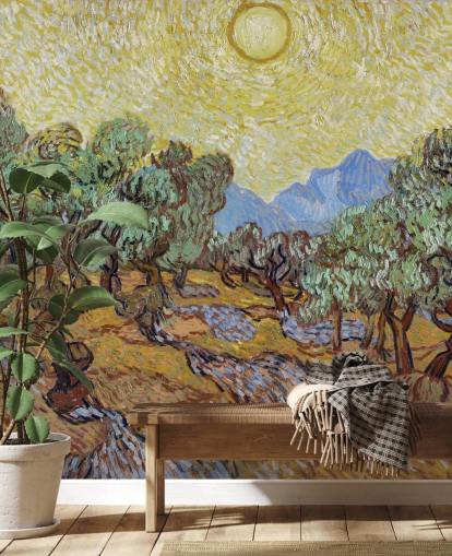 fine art wallpaper mural called Olive Trees by Vincent van Gogh for bedrooms, living rooms and dining rooms