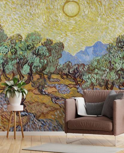 fine art wallpaper mural called Olive Trees by Vincent van Gogh for bedrooms, living rooms and dining rooms