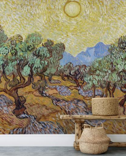 mural de papel de parede de belas artes chamado Olive Trees de Vincent van Gogh para quartos, salas de estar e salas de jantar mural de papel de parede de belas artes chamado Olive Trees de Vincent van Gogh para quartos, salas de estar e salas de jantar
