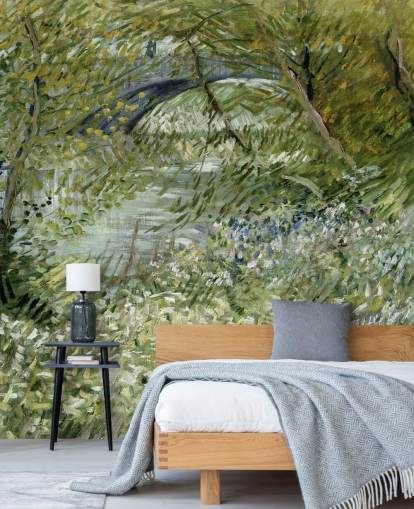 mural de papel de parede verde de belas artes chamado River Bank in Springtime de Vincent van Gogh