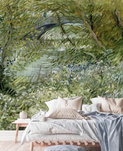 green fine art wallpaper mural called River Bank in Springtime by Vincent van Gogh green fine art wallpaper mural called River Bank in Springtime by Vincent van Gogh