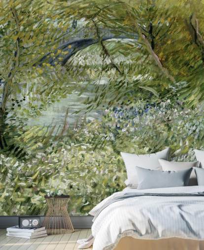 green fine art wallpaper mural called River Bank in Springtime by Vincent van Gogh