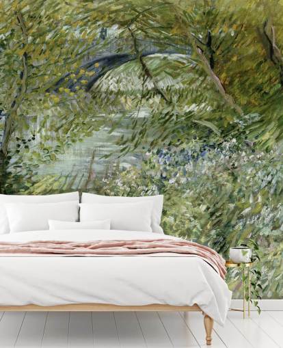 green fine art wallpaper mural called River Bank in Springtime by Vincent van Gogh green fine art wallpaper mural called River Bank in Springtime by Vincent van Gogh