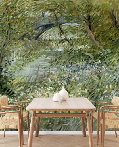 green fine art wallpaper mural called River Bank in Springtime by Vincent van Gogh