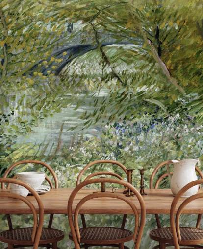 groene kunstbehangmuurschildering genaamd River Bank in Springtime van Vincent van Gogh