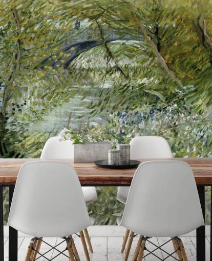 green fine art wallpaper mural called River Bank in Springtime by Vincent van Gogh