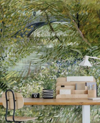 green fine art wallpaper mural called River Bank in Springtime by Vincent van Gogh green fine art wallpaper mural called River Bank in Springtime by Vincent van Gogh