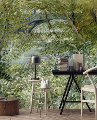 mural de papel de parede verde de belas artes chamado River Bank in Springtime de Vincent van Gogh