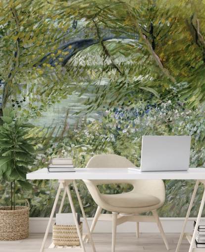 Vincent van Goghin vihreän taidetaustakuvan seinämaalaus nimeltä River Bank keväällä