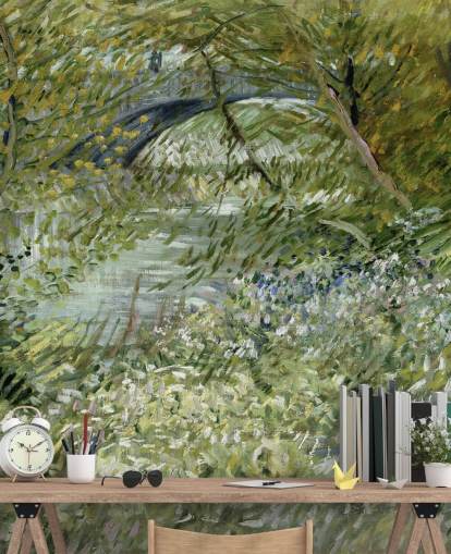 green fine art wallpaper mural called River Bank in Springtime by Vincent van Gogh