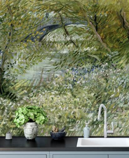 mural verde de bellas artes llamado River Bank in Springtime de Vincent van Gogh