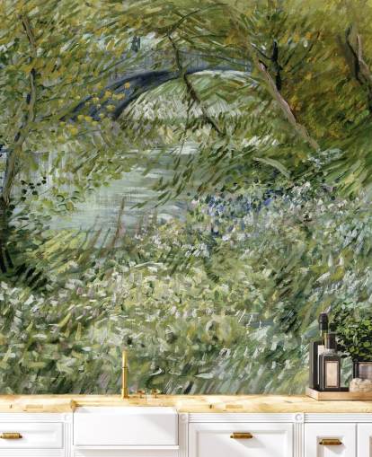 mural de papel de parede verde de belas artes chamado River Bank in Springtime de Vincent van Gogh