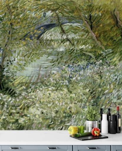 groene kunstbehangmuurschildering genaamd River Bank in Springtime van Vincent van Gogh groene kunstbehangmuurschildering genaamd River Bank in Springtime van Vincent van Gogh