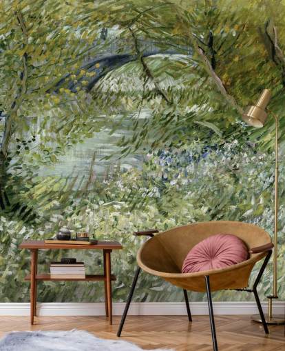 green fine art wallpaper mural called River Bank in Springtime by Vincent van Gogh