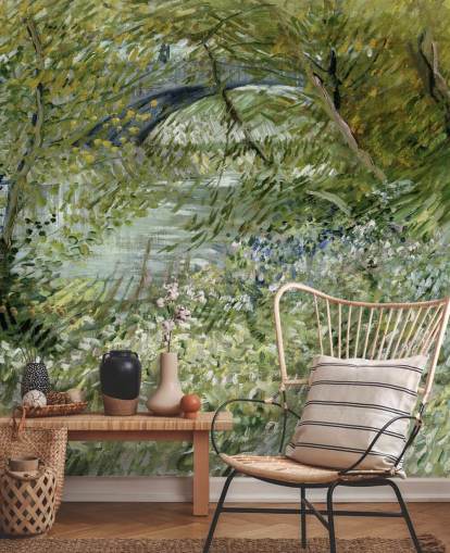 grüne Kunsttapete mit dem Titel River Bank in Springtime von Vincent van Gogh