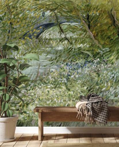 carta da parati murale verde d'arte chiamata River Bank in Springtime di Vincent van Gogh carta da parati murale verde d'arte chiamata River Bank in Springtime di Vincent van Gogh