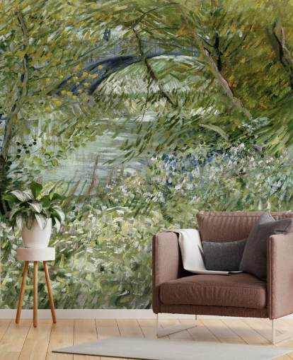 green fine art wallpaper mural called River Bank in Springtime by Vincent van Gogh green fine art wallpaper mural called River Bank in Springtime by Vincent van Gogh