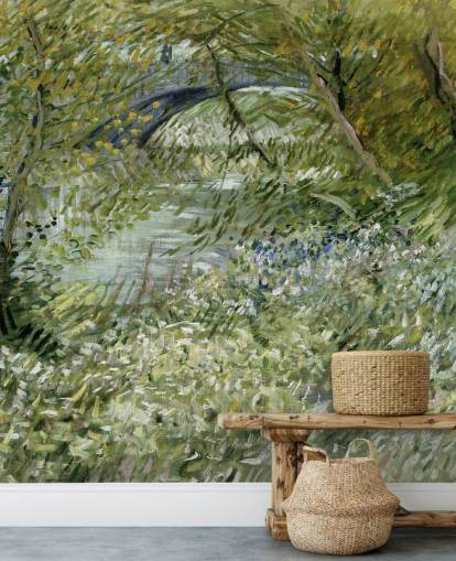 green fine art wallpaper mural called River Bank in Springtime by Vincent van Gogh