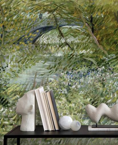 green fine art wallpaper mural called River Bank in Springtime by Vincent van Gogh